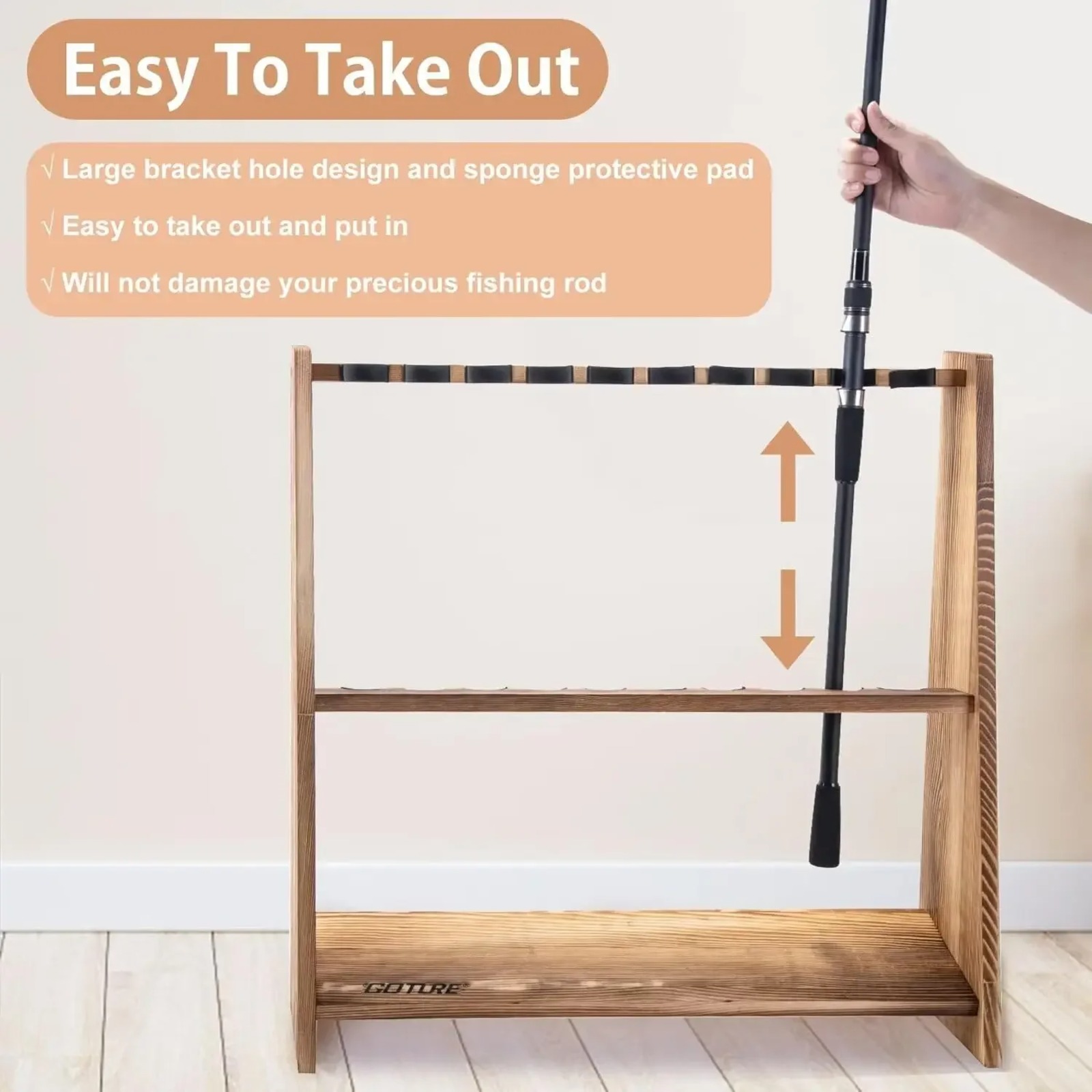 Goture 炭化松材釣り竿ラック 10スロット フロアロッ - Fishing Rod Rack のレビューと価格